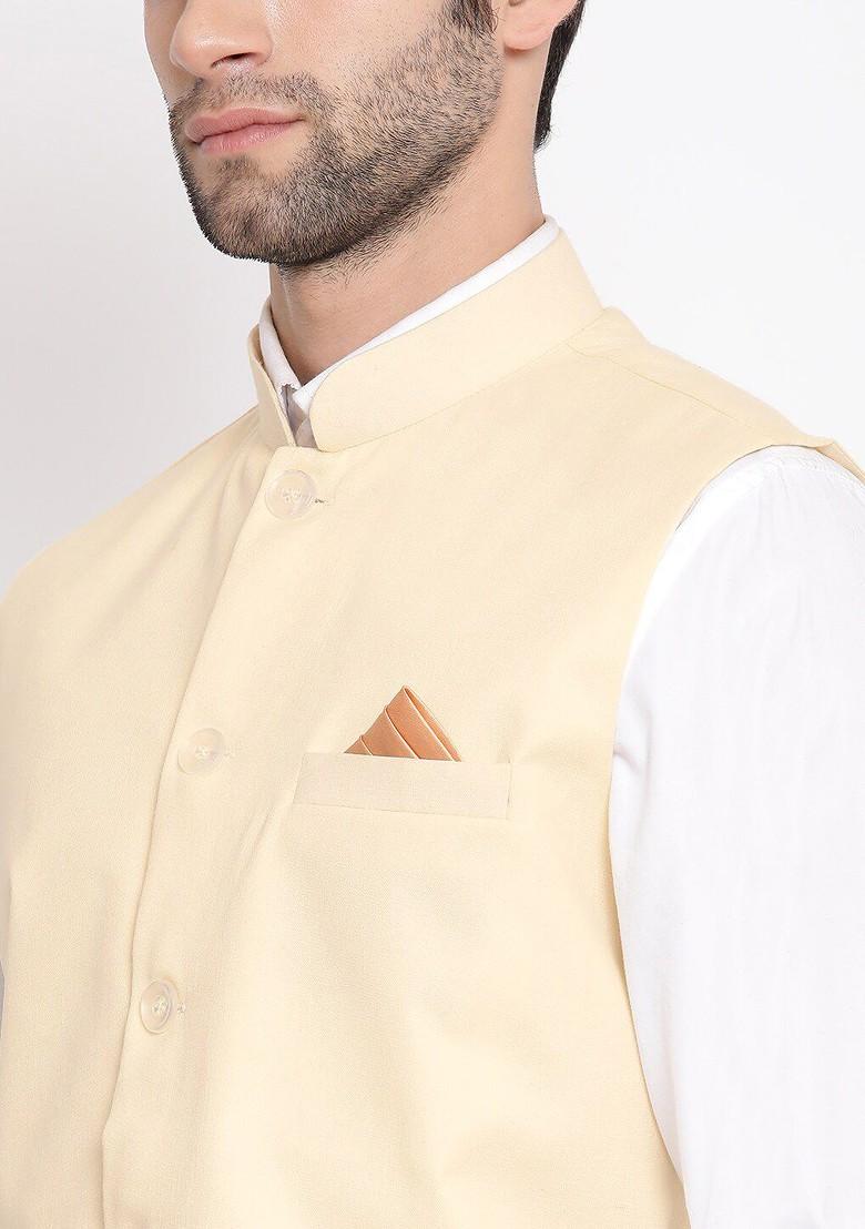 Cream Woven Poly Blend Nehru Jacket For Men