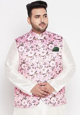 Pink Printed Poly Blend Nehru Jacket For Men
