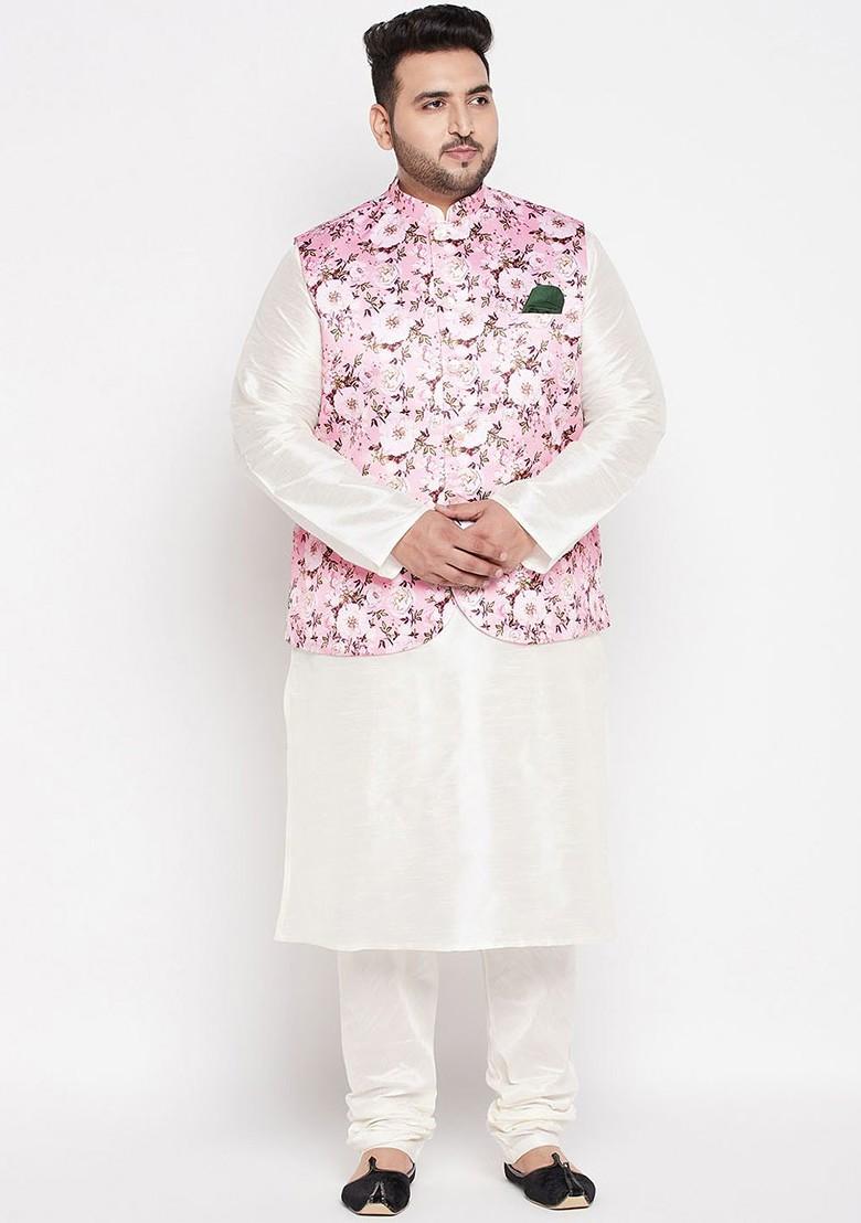 Pink Printed Poly Blend Nehru Jacket For Men