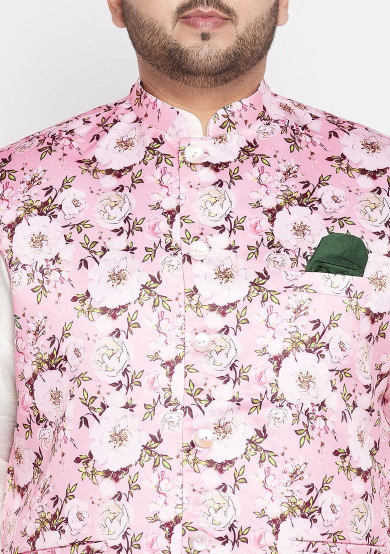 Pink Printed Poly Blend Nehru Jacket For Men