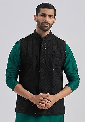 Black Embellished Poly Blend Nehru Jacket For Men