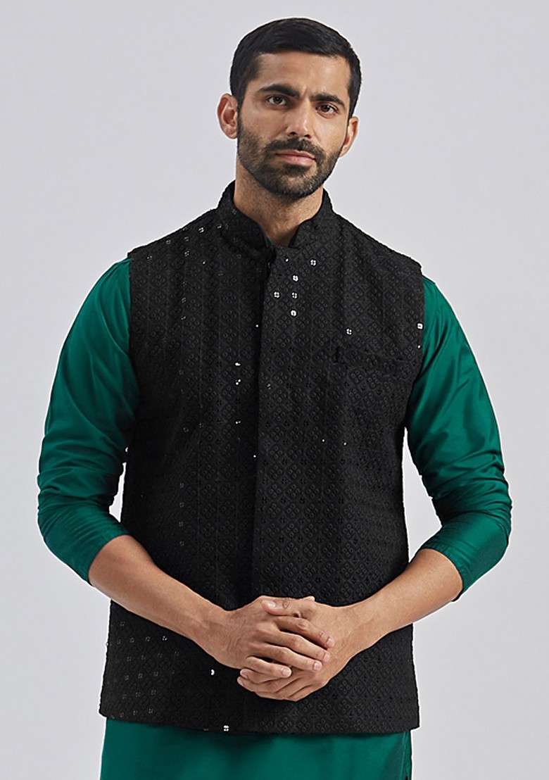 Black Embellished Poly Blend Nehru Jacket For Men - Indya