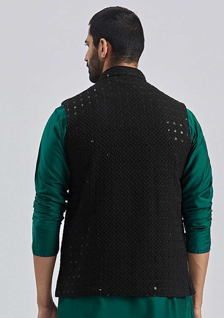 Black Embellished Poly Blend Nehru Jacket For Men - Indya