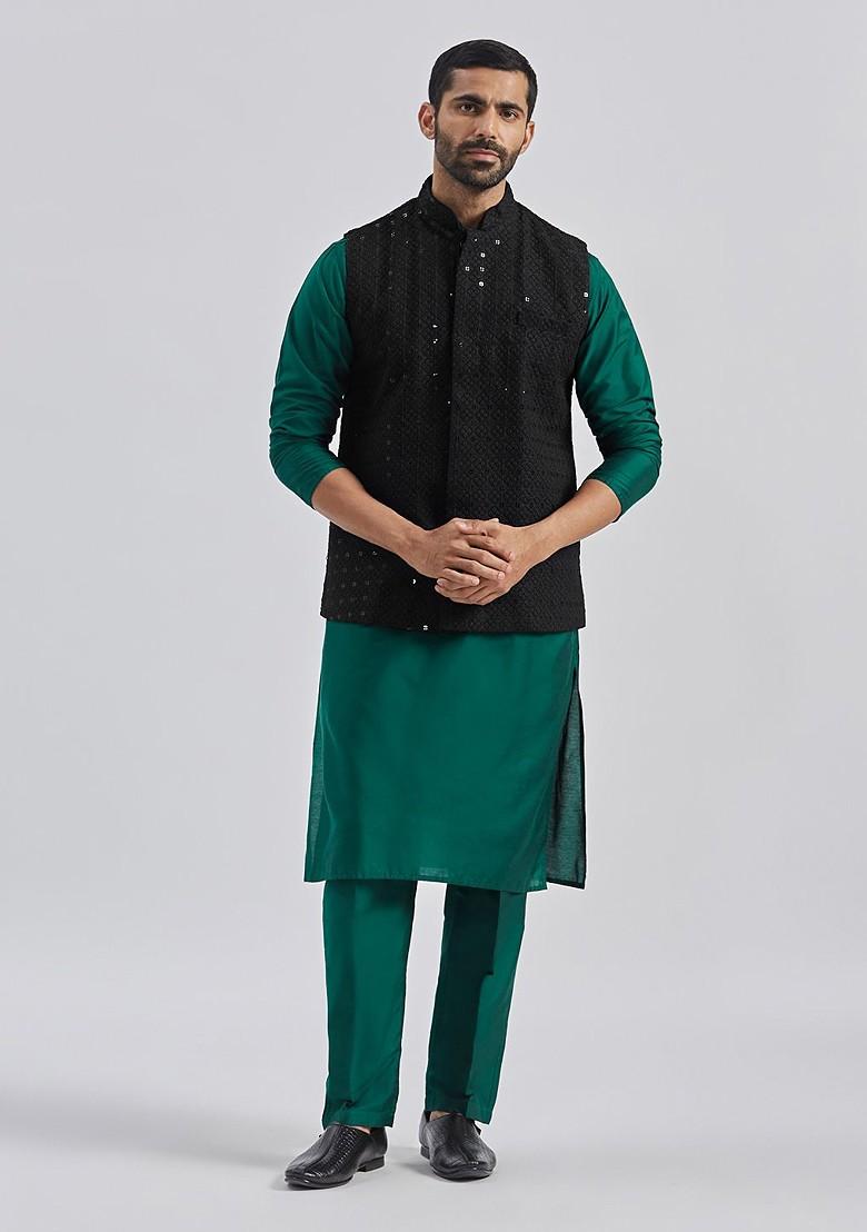 Black Embellished Poly Blend Nehru Jacket For Men