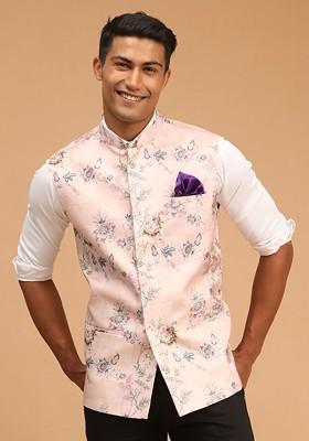 Peach Solid Cotton Nehru Jacket For Men