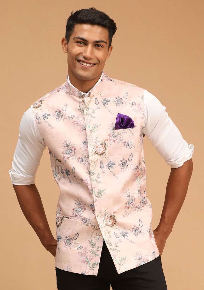 Peach Solid Cotton Nehru Jacket For Men - Indya