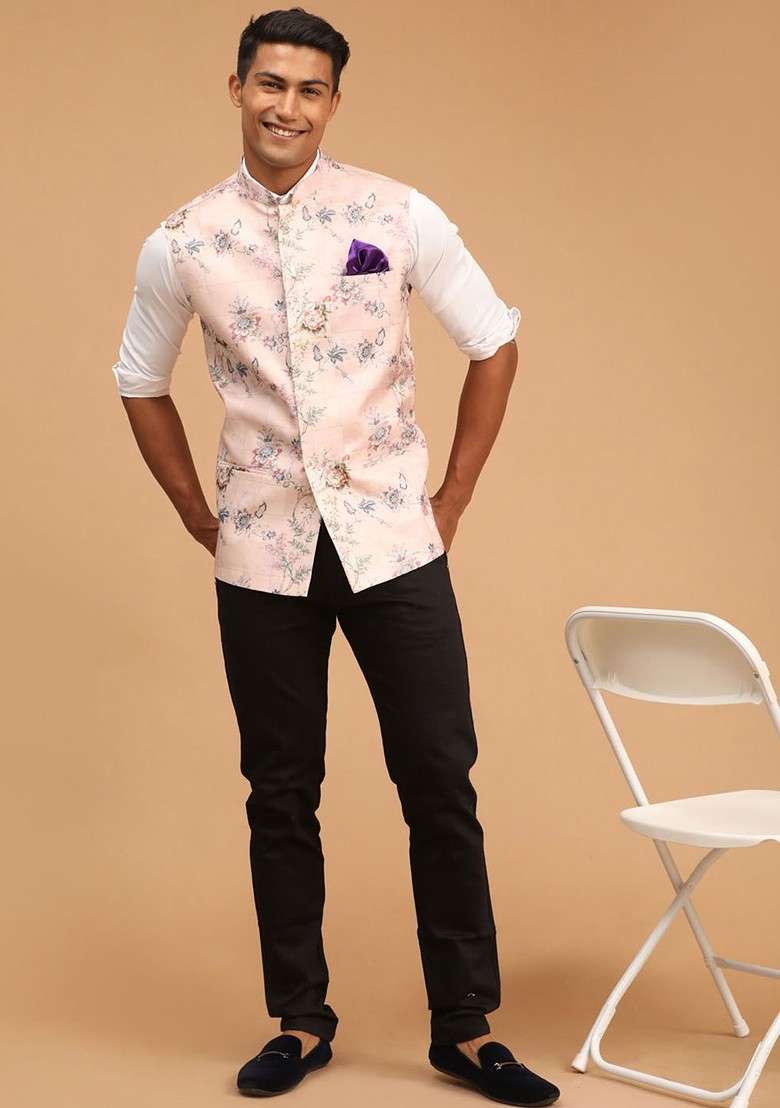 Peach Solid Cotton Nehru Jacket For Men - Indya