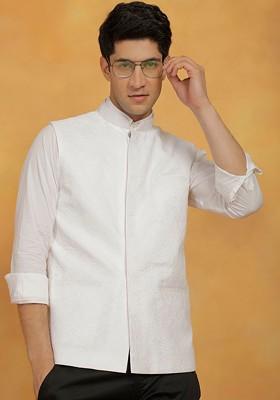 White Embroidered Poly Blend Nehru Jacket For Men
