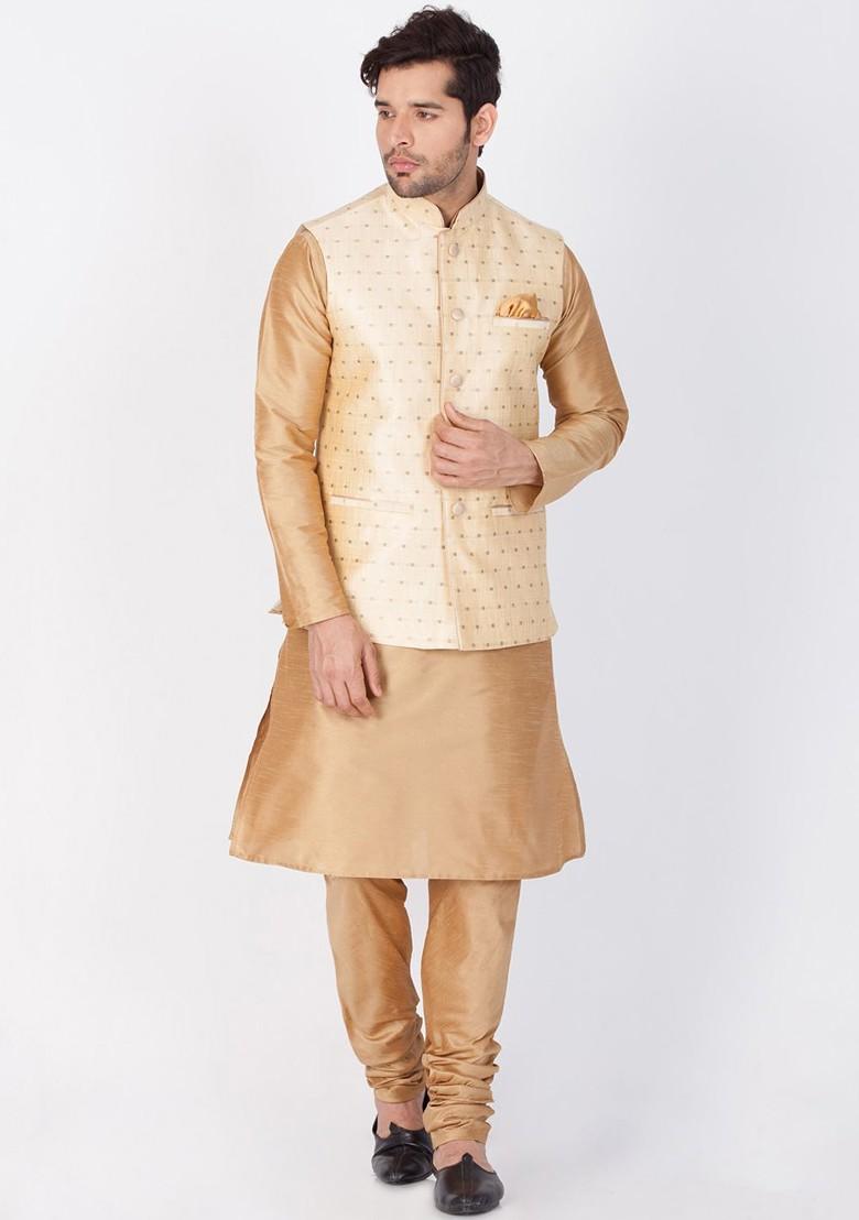 Gold Woven Poly Blend Nehru Jacket For Men