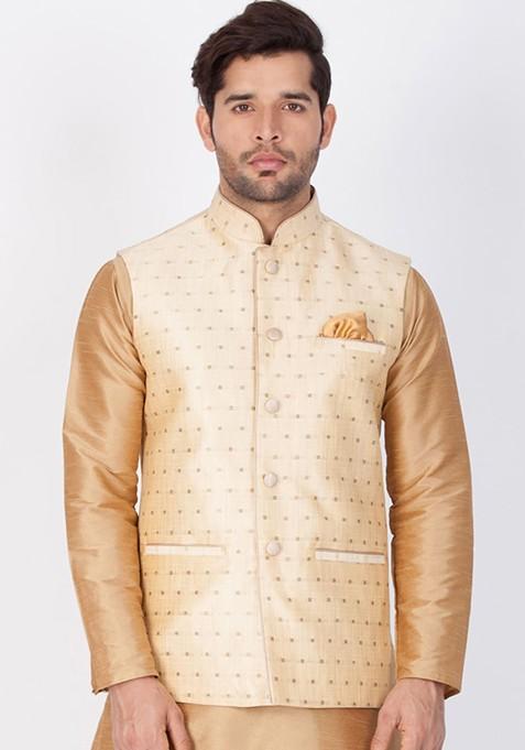 Gold Woven Poly Blend Nehru Jacket For Men — view on Indya