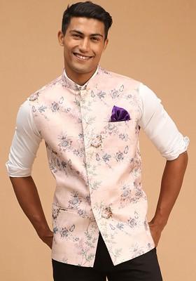 Peach Printed Poly Blend Nehru Jacket For Men