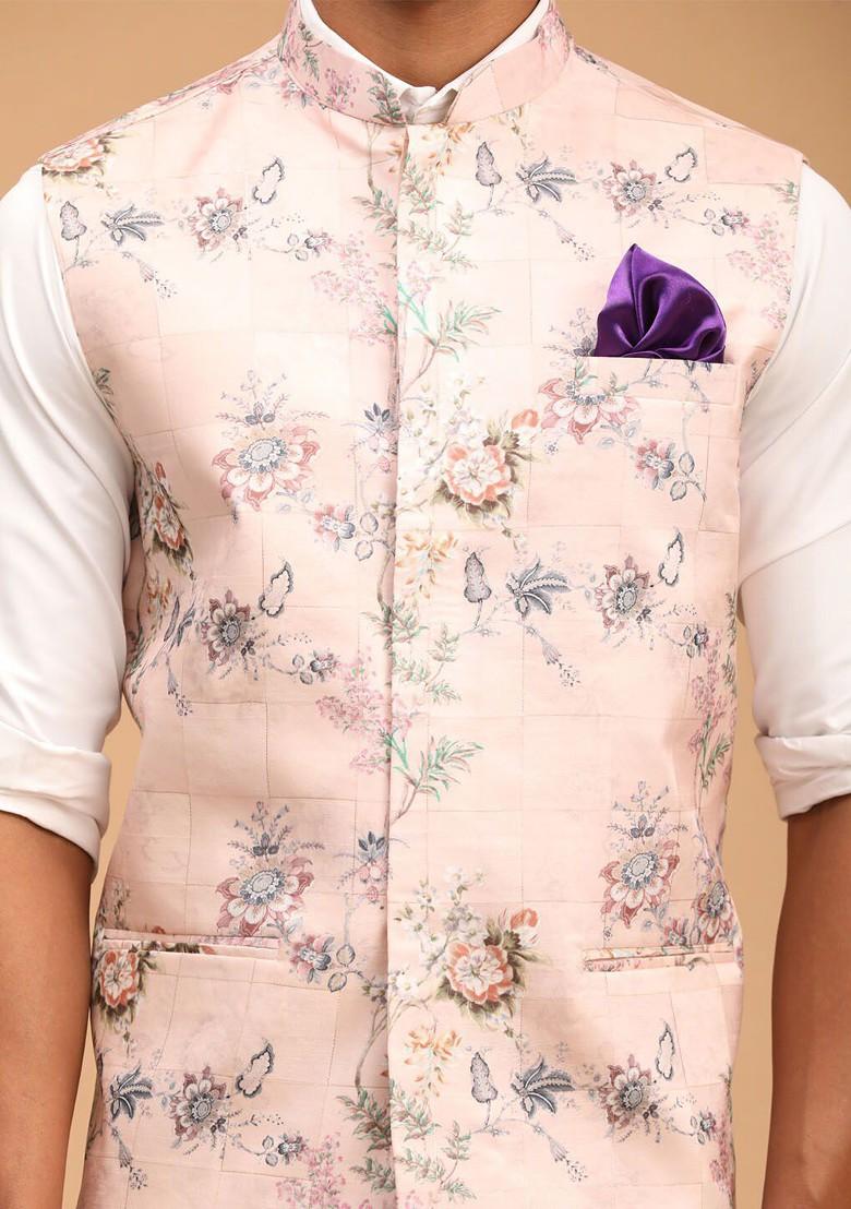 Peach Printed Poly Blend Nehru Jacket For Men