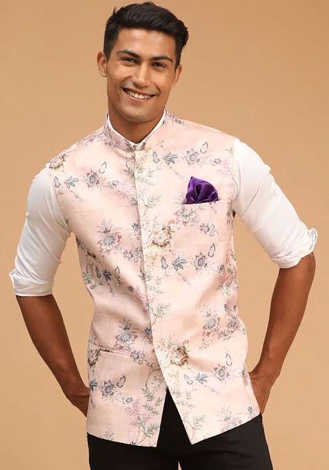 Peach Printed Poly Blend Nehru Jacket For Men