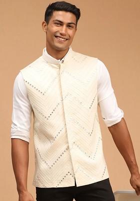 Cream Embroidered Poly Blend Nehru Jacket For Men