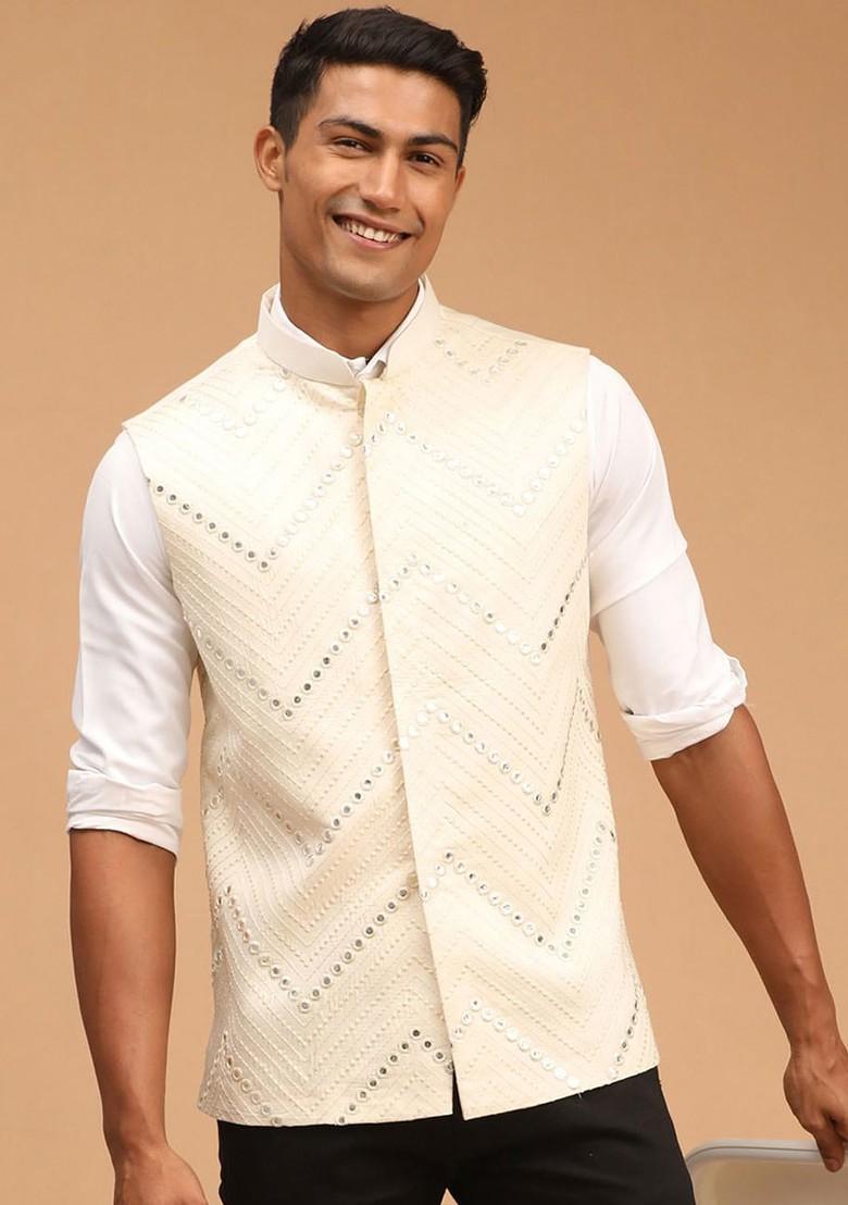 Cream Embroidered Poly Blend Nehru Jacket For Men