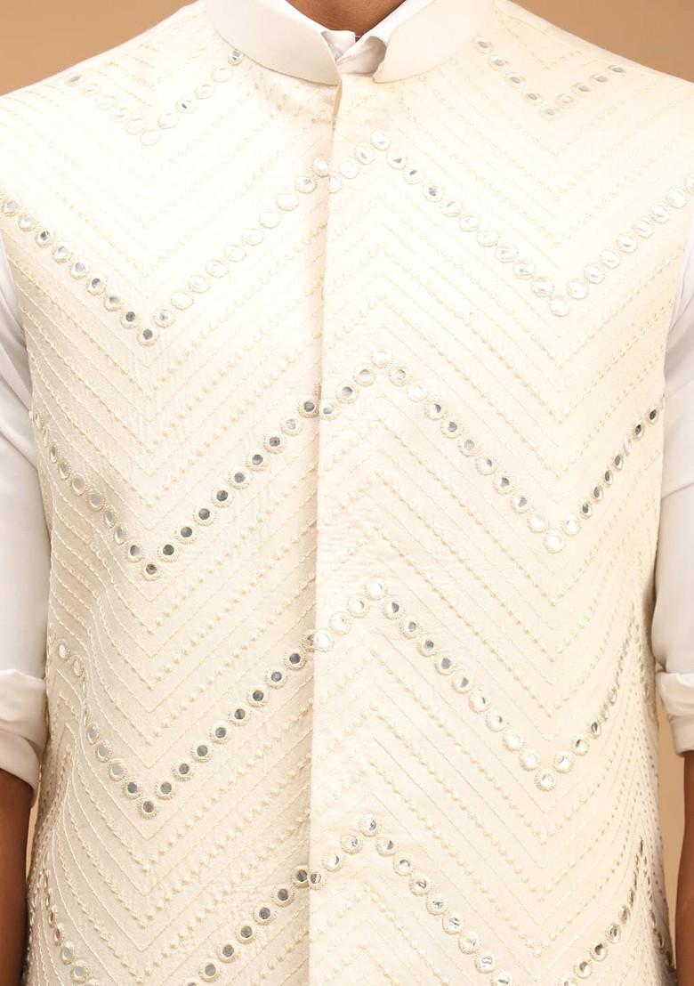 Cream Embroidered Poly Blend Nehru Jacket For Men