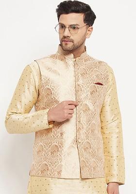 Rose Gold Woven Poly Blend Nehru Jacket For Men