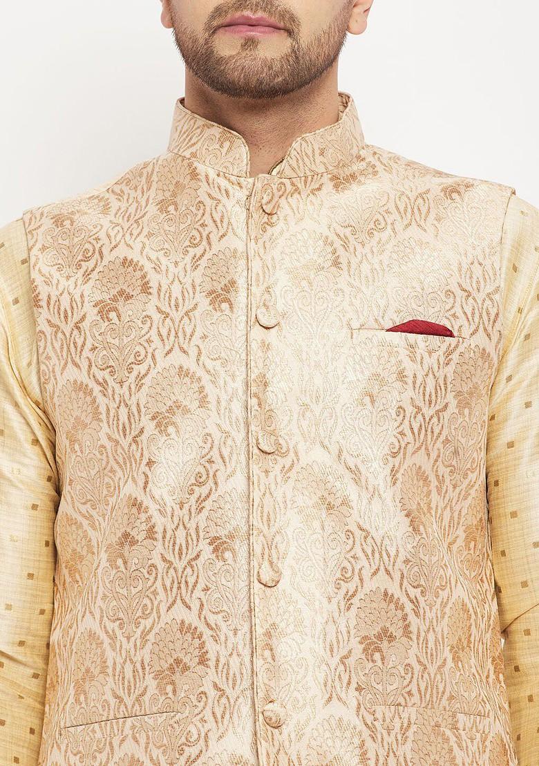Rose Gold Woven Poly Blend Nehru Jacket For Men