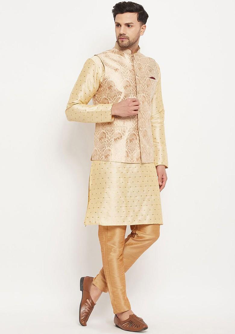 Rose Gold Woven Poly Blend Nehru Jacket For Men