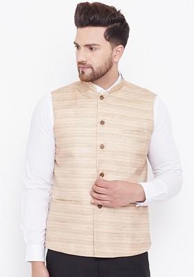 Beige Woven Poly Blend Nehru Jacket For Men