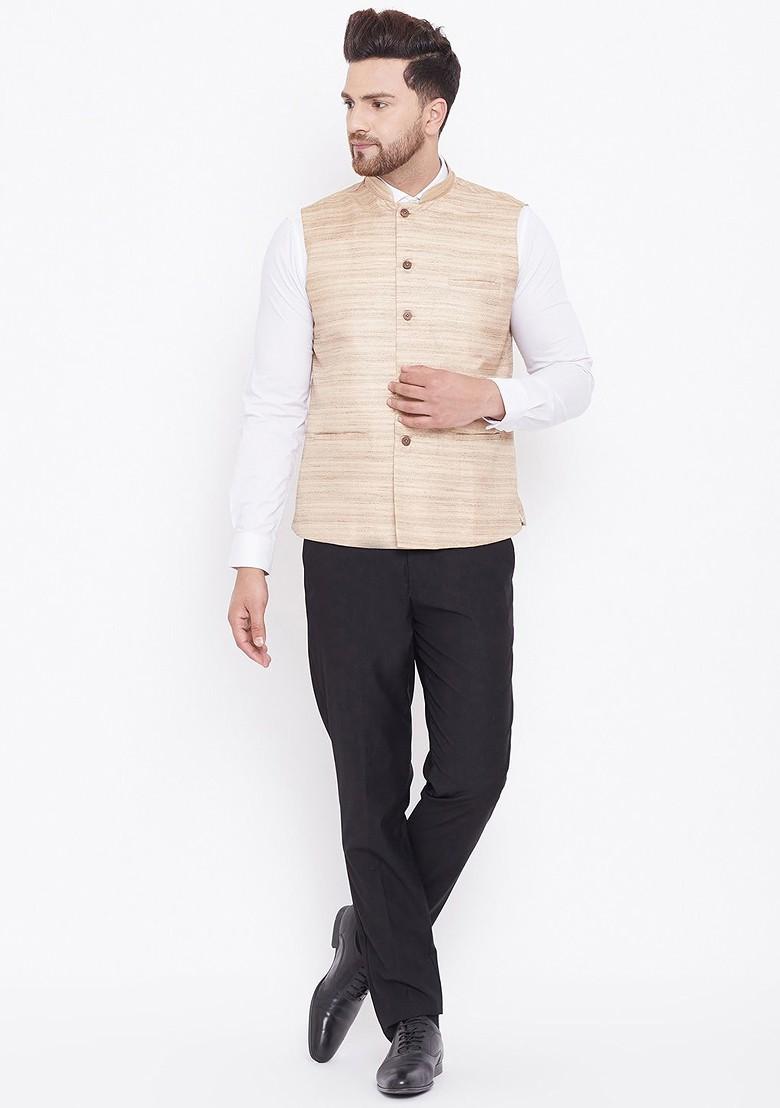 Beige Woven Poly Blend Nehru Jacket For Men