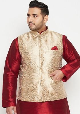 Gold Woven Poly Blend Nehru Jacket For Men