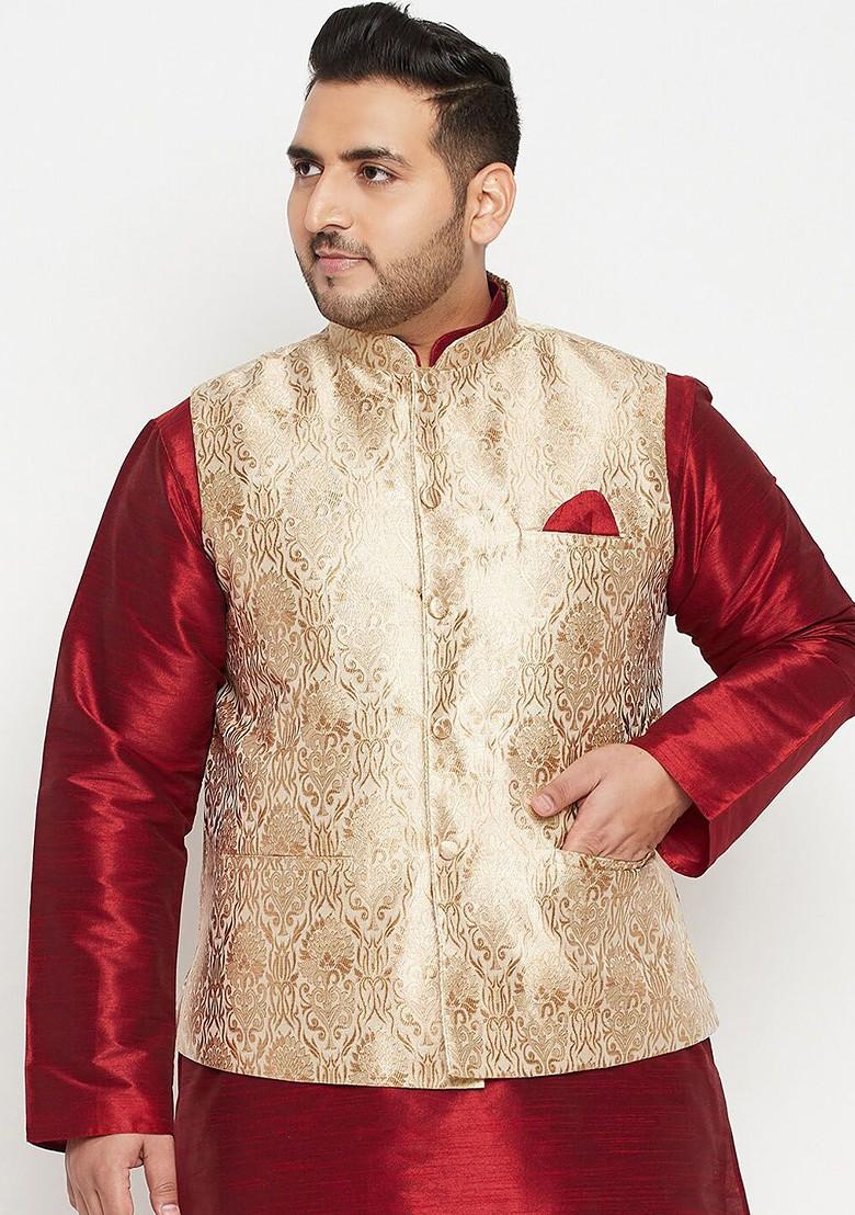 Gold Woven Poly Blend Nehru Jacket For Men