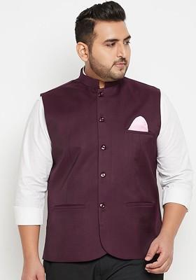 Maroon Woven Poly Blend Nehru Jacket For Men