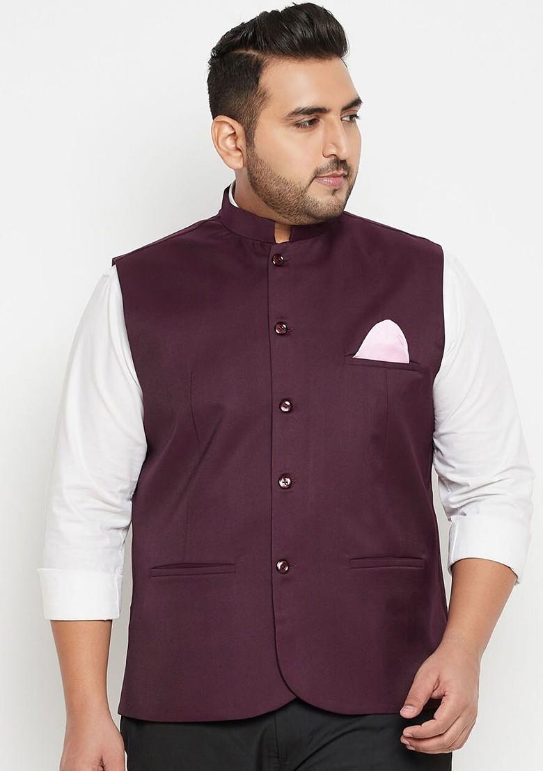 Maroon Woven Poly Blend Nehru Jacket For Men