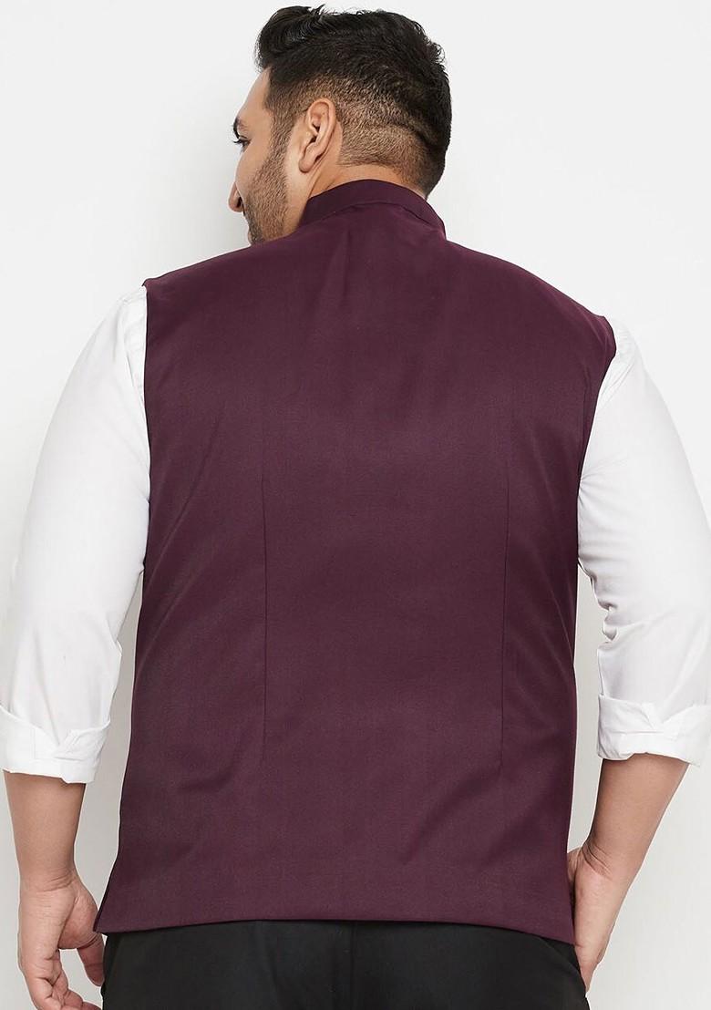 Maroon Woven Poly Blend Nehru Jacket For Men