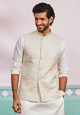 Off White Floral Print Poly Blend Nehru Jacket For Men