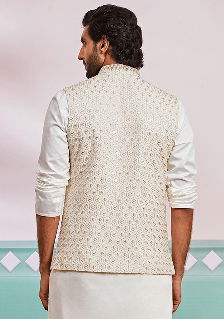 Off White Floral Print Poly Blend Nehru Jacket For Men