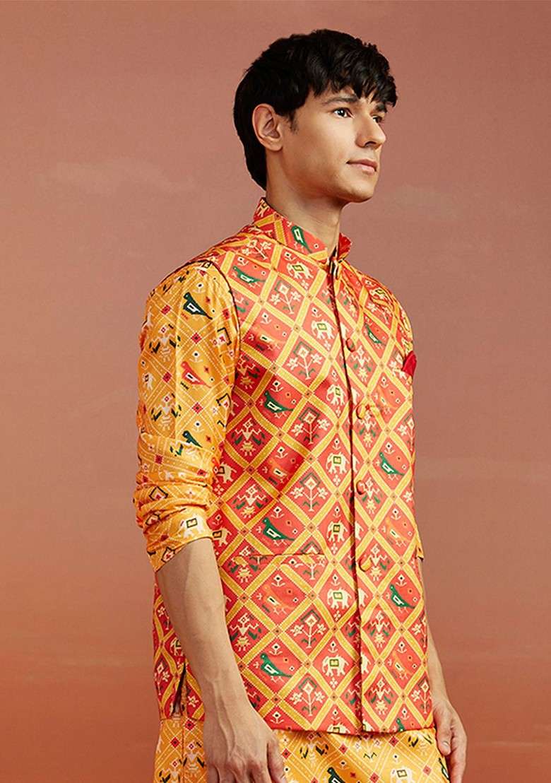 Red Printed Poly Blend Nehru Jacket For Men - Indya