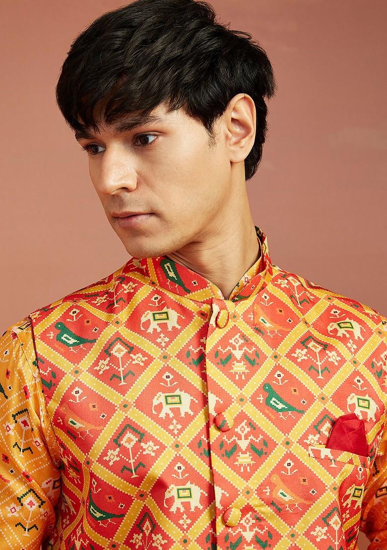 Red Printed Poly Blend Nehru Jacket For Men