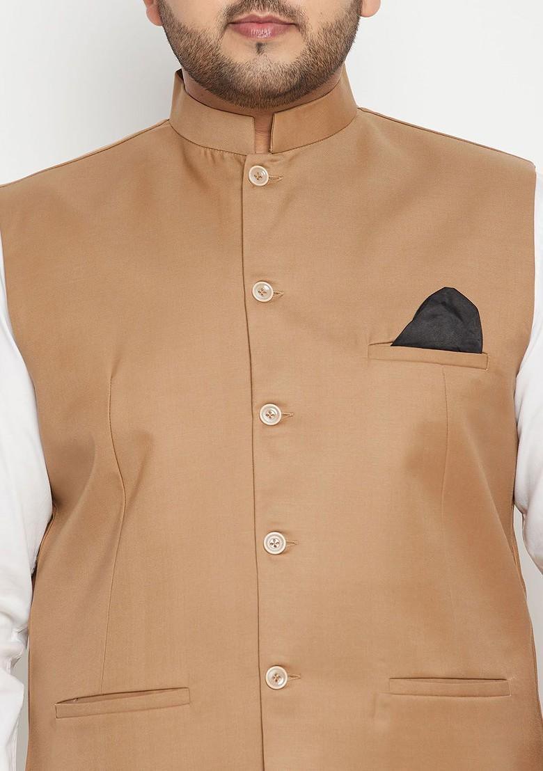 Beige Woven Poly Blend Nehru Jacket For Men