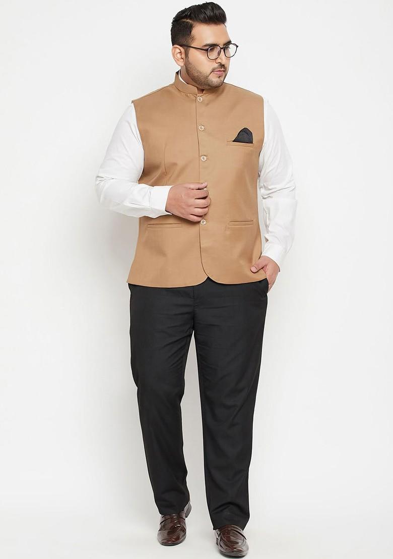 Beige Woven Poly Blend Nehru Jacket For Men