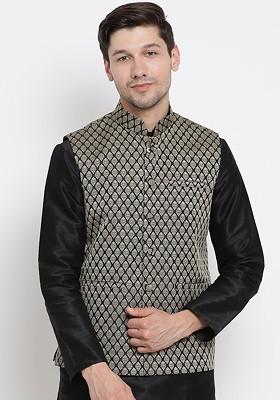 Black Woven Poly Blend Nehru Jacket For Men