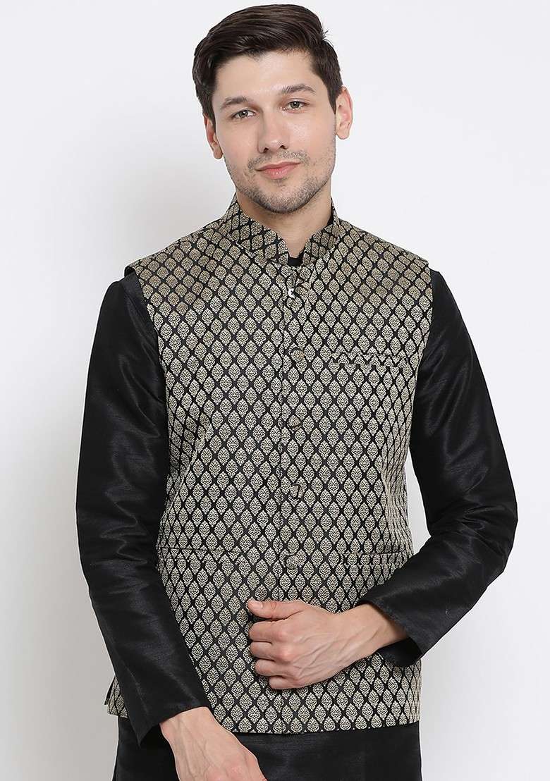 Black Woven Poly Blend Nehru Jacket For Men - Indya