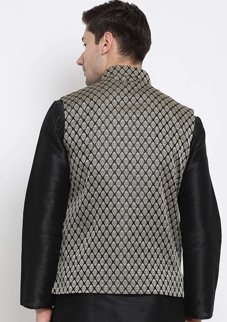 Black Woven Poly Blend Nehru Jacket For Men - Indya