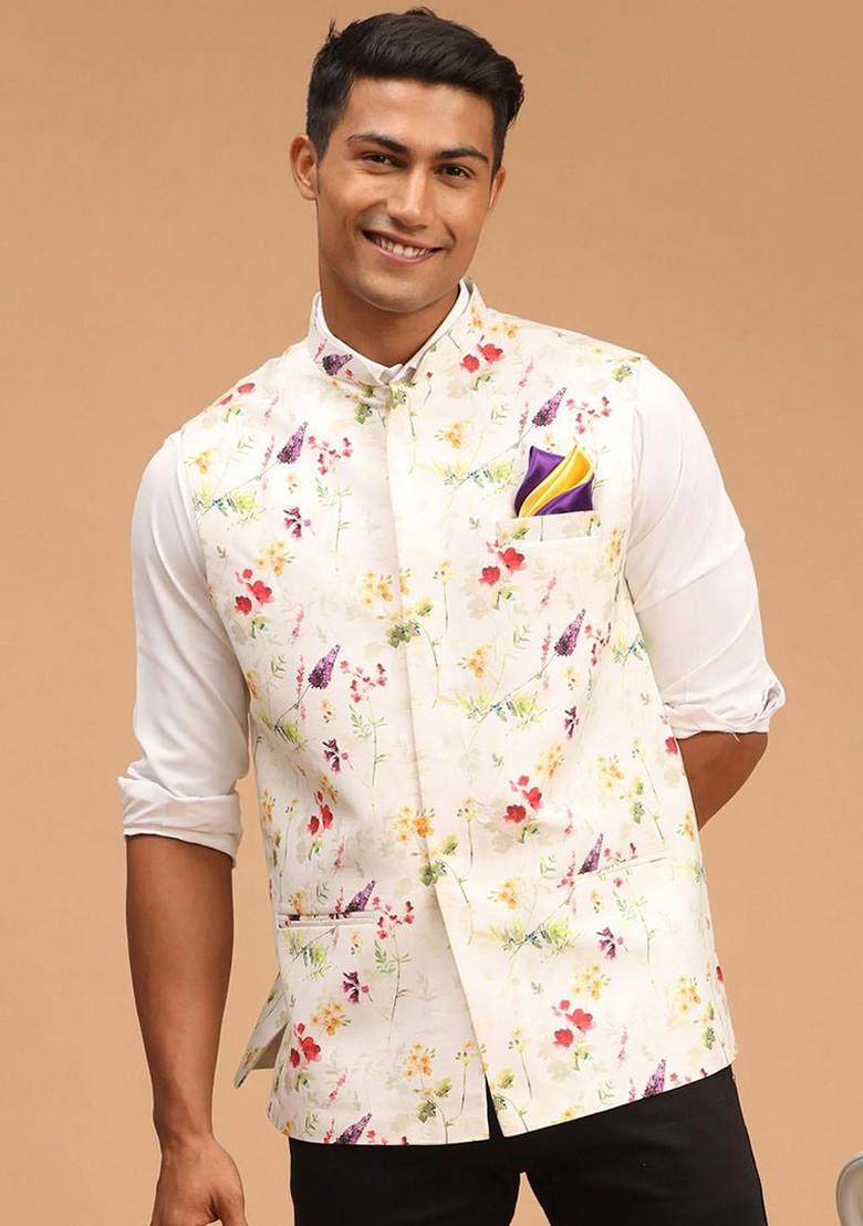 Cream Floral Print Poly Blend Nehru Jacket For Men
