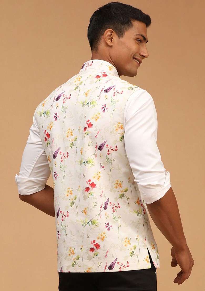 Cream Floral Print Poly Blend Nehru Jacket For Men - Indya