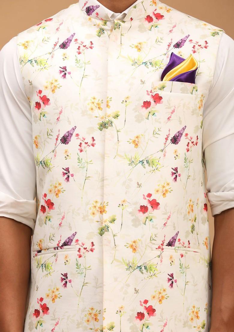 Cream Floral Print Poly Blend Nehru Jacket For Men
