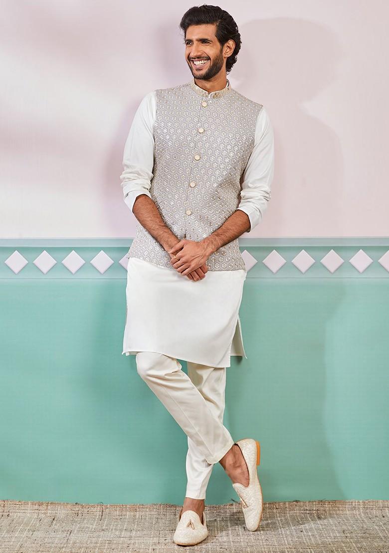 Grey Floral Print Poly Blend Nehru Jacket For Men