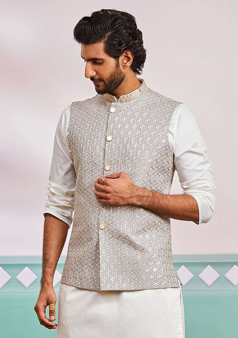 Grey Floral Print Poly Blend Nehru Jacket For Men - Indya