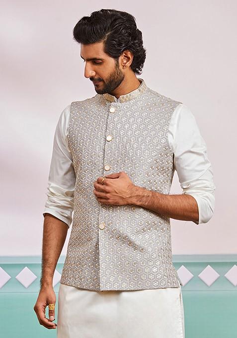 Grey Floral Print Poly Blend Nehru Jacket For Men — view on Indya