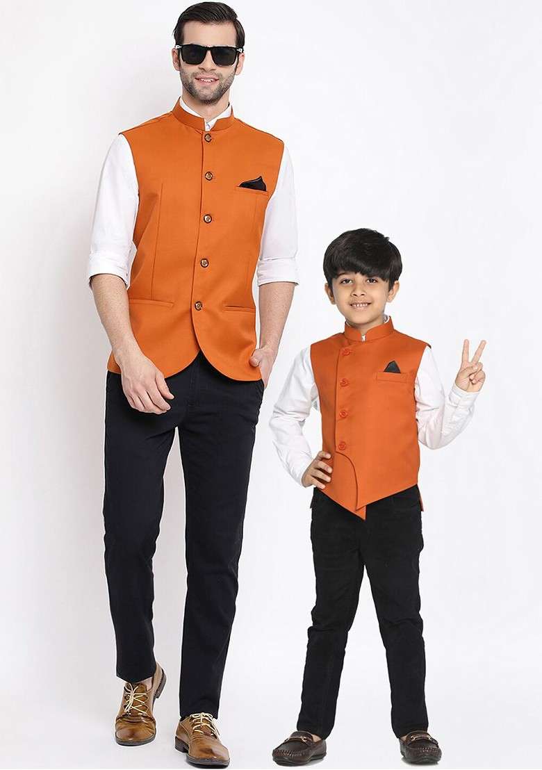 Orange Solid Poly Blend Nehru Jacket For Men - Indya