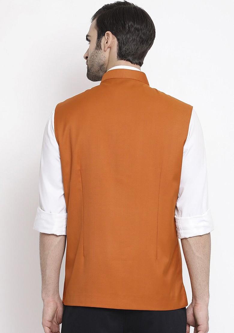 Orange Solid Poly Blend Nehru Jacket For Men