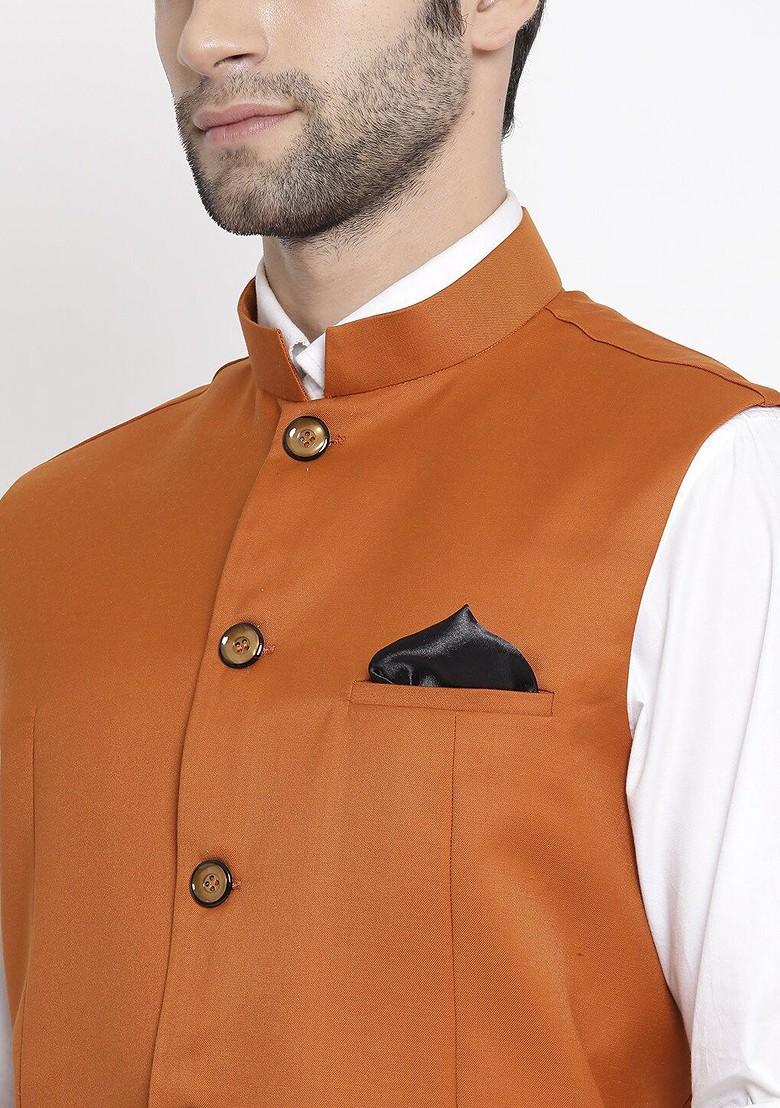 Orange Solid Poly Blend Nehru Jacket For Men