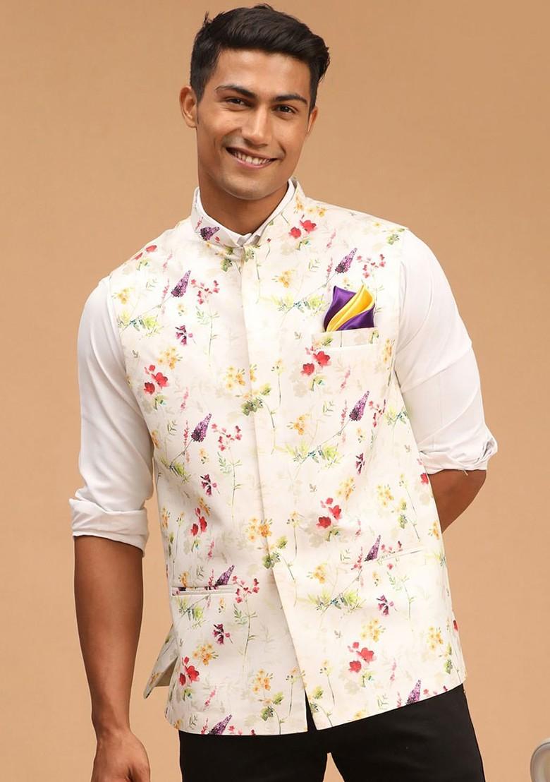 Cream Printed Poly Blend Nehru Jacket For Men