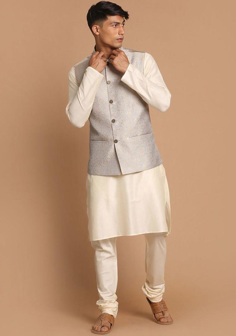 Grey Woven Silk Nehru Jacket For Men
